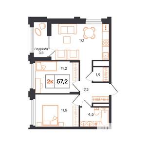 2-к квартира, строящийся дом, 57м2, 2/15 этаж