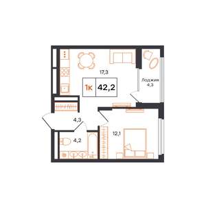 1-к квартира, строящийся дом, 42м2, 8/15 этаж