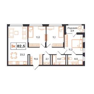 3-к квартира, строящийся дом, 83м2, 8/15 этаж