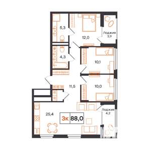 3-к квартира, вторичка, 88м2, 6/15 этаж
