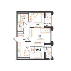 3-к квартира, строящийся дом, 66м2, 2/15 этаж