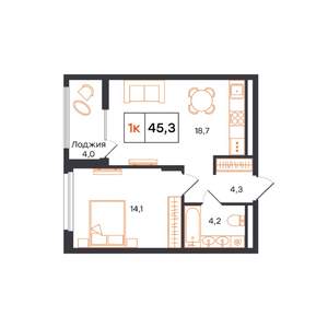 1-к квартира, строящийся дом, 45м2, 10/15 этаж