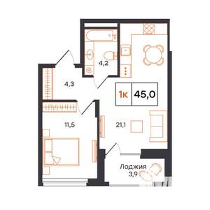 1-к квартира, строящийся дом, 45м2, 9/15 этаж