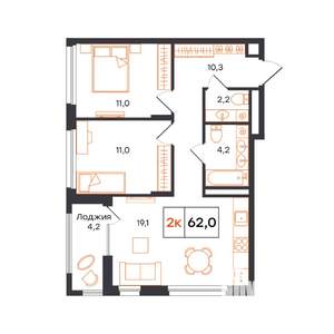 2-к квартира, строящийся дом, 62м2, 5/15 этаж