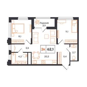 2-к квартира, строящийся дом, 62м2, 6/15 этаж