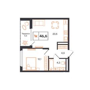 1-к квартира, строящийся дом, 47м2, 9/15 этаж