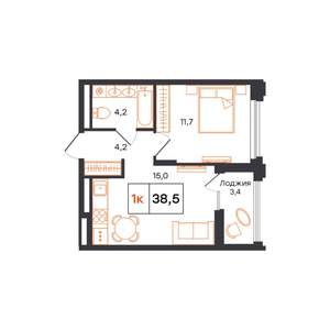 1-к квартира, строящийся дом, 39м2, 3/15 этаж