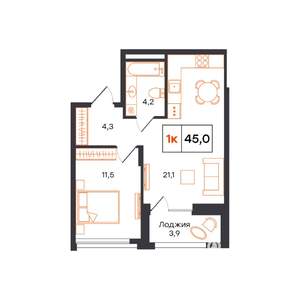 1-к квартира, строящийся дом, 45м2, 3/15 этаж