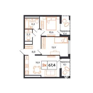 3-к квартира, строящийся дом, 67м2, 15/15 этаж