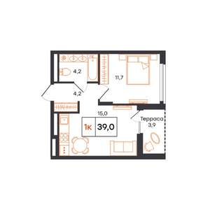 1-к квартира, строящийся дом, 39м2, 9/15 этаж
