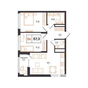 2-к квартира, строящийся дом, 57м2, 8/15 этаж